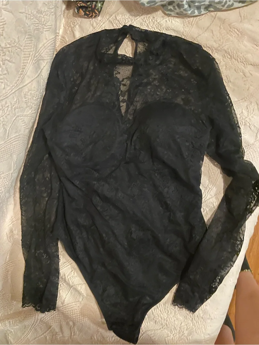 Popilush Shapewear Mock Neck Long Sleeve Floral Lace Bodysuit